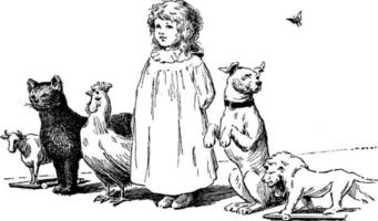 fille et animaux, illustration vintage vecteur