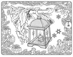 page de coloriage avec lanterne d'hiver. symboles de noël drôles. illustration vectorielle. vecteur