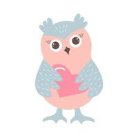 hibou drôle mignon tenant un coeur. personnage de dessin animé d'oiseau forestier. vecteur