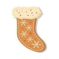 chaussette de pain d'épice de noël avec des flocons de neige. biscuit glacé décoratif du nouvel an. bonbon maison d'hiver. vecteur