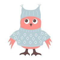 mignon hibou idiot drôle en pull et un chapeau. personnage de dessin animé d'oiseau forestier. vecteur