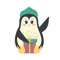 mignon pingouin drôle dans un béret assis avec boîte-cadeau de noël. oiseau antarctique, personnage de dessin animé isolé sur fond blanc. vecteur