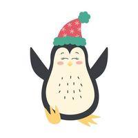mignon pingouin drôle dans un chapeau d'hiver. oiseau antarctique, personnage de dessin animé isolé sur fond blanc. vecteur
