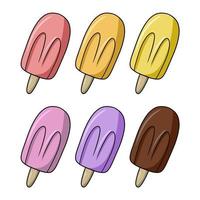 un ensemble d'icônes colorées, de glace aux fruits et au chocolat sur un bâton en bois, illustration vectorielle en style cartoon sur fond blanc vecteur