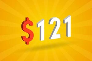 121 usd symbole de texte 3d. 121 dollar des états-unis 3d avec fond jaune vecteur de stock d'argent américain
