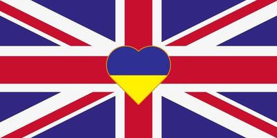 un coeur peint aux couleurs du drapeau de l'ukraine sur le drapeau de la grande-bretagne. illustration vectorielle d'un coeur bleu et jaune sur le symbole national. vecteur