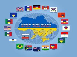 illustration vectorielle des drapeaux des pays du g-20. drapeau et carte de l'ukraine au centre. arrêter la guerre. g20, les vingt premières économies du monde. forum international financier et économique. vecteur