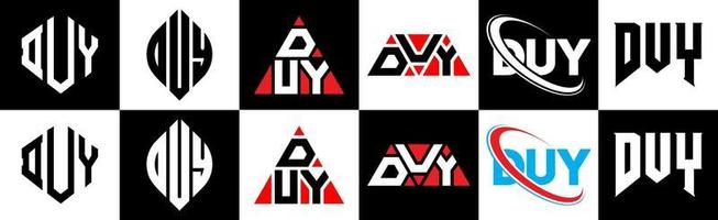 création de logo de lettre duy en six styles. duy polygone, cercle, triangle, hexagone, style plat et simple avec logo de lettre de variation de couleur noir et blanc dans un plan de travail. logo minimaliste et classique vecteur