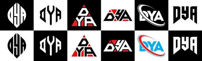 création de logo de lettre dya en six styles. dya polygone, cercle, triangle, hexagone, style plat et simple avec logo de lettre de variation de couleur noir et blanc dans un plan de travail. dya logo minimaliste et classique vecteur