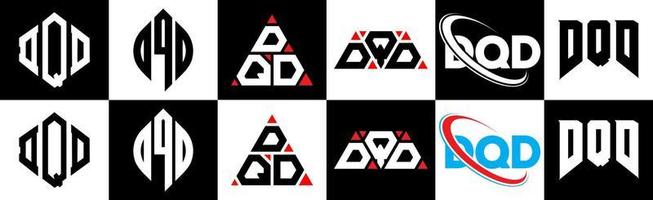 création de logo de lettre dqd en six styles. dqd polygone, cercle, triangle, hexagone, style plat et simple avec logo de lettre de variation de couleur noir et blanc dans un plan de travail. dqd logo minimaliste et classique vecteur