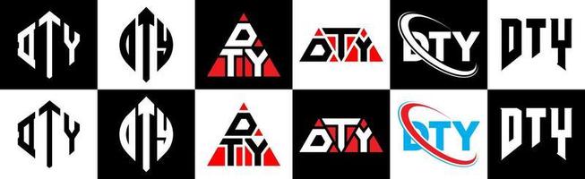 création de logo de lettre dty en six styles. dty polygone, cercle, triangle, hexagone, style plat et simple avec logo de lettre de variation de couleur noir et blanc dans un plan de travail. dty logo minimaliste et classique vecteur
