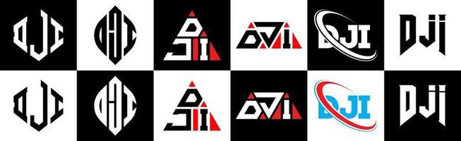 création de logo de lettre dji en six styles. dji polygone, cercle, triangle, hexagone, style plat et simple avec logo de lettre de variation de couleur noir et blanc dans un plan de travail. dji logo minimaliste et classique vecteur