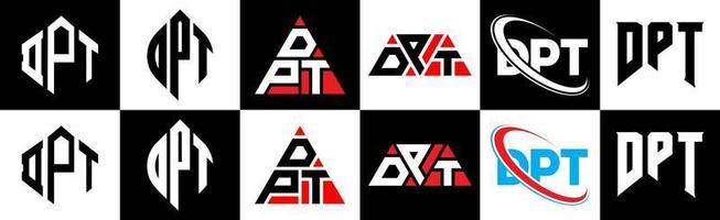 création de logo de lettre dpt en six styles. dpt polygone, cercle, triangle, hexagone, style plat et simple avec logo de lettre de variation de couleur noir et blanc dans un plan de travail. dpt logo minimaliste et classique vecteur