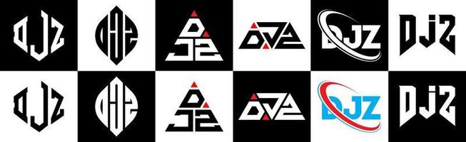 création de logo de lettre djz en six styles. polygone djz, cercle, triangle, hexagone, style plat et simple avec logo de lettre de variation de couleur noir et blanc dans un plan de travail. logo djz minimaliste et classique vecteur