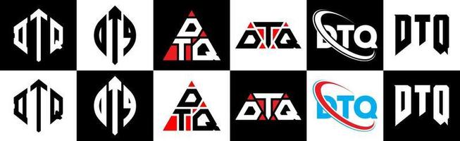 création de logo de lettre dtq en six styles. dtq polygone, cercle, triangle, hexagone, style plat et simple avec logo de lettre de variation de couleur noir et blanc dans un plan de travail. logo minimaliste et classique dtq vecteur