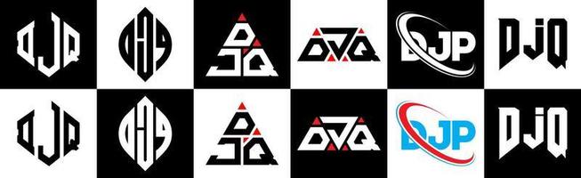 création de logo de lettre djq en six styles. polygone djq, cercle, triangle, hexagone, style plat et simple avec logo de lettre de variation de couleur noir et blanc dans un plan de travail. logo djq minimaliste et classique vecteur