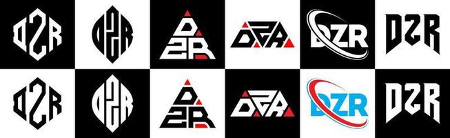 création de logo de lettre dzr en six styles. dzr polygone, cercle, triangle, hexagone, style plat et simple avec logo de lettre de variation de couleur noir et blanc dans un plan de travail. dzr logo minimaliste et classique vecteur