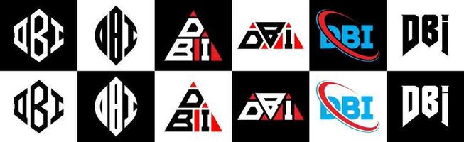 création de logo de lettre dbi en six styles. dbi polygone, cercle, triangle, hexagone, style plat et simple avec logo de lettre de variation de couleur noir et blanc dans un plan de travail. logo minimaliste et classique dbi vecteur