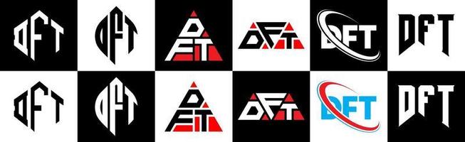 création de logo de lettre dft en six styles. polygone dft, cercle, triangle, hexagone, style plat et simple avec logo de lettre de variation de couleur noir et blanc dans un plan de travail. logo minimaliste et classique dft vecteur