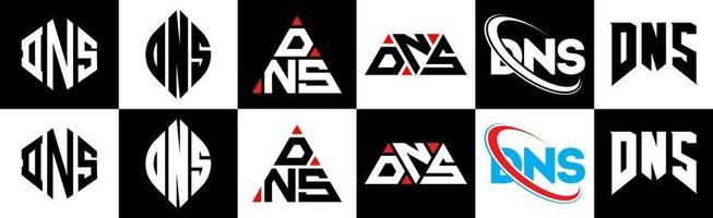 création de logo de lettre dns en six styles. dns polygone, cercle, triangle, hexagone, style plat et simple avec logo de lettre de variation de couleur noir et blanc dans un plan de travail. dns logo minimaliste et classique vecteur