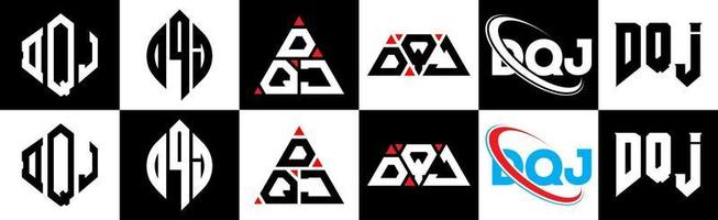 création de logo de lettre dqj en six styles. dqj polygone, cercle, triangle, hexagone, style plat et simple avec logo de lettre de variation de couleur noir et blanc dans un plan de travail. dqj logo minimaliste et classique vecteur