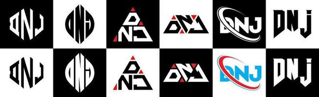 création de logo de lettre dnj en six styles. dnj polygone, cercle, triangle, hexagone, style plat et simple avec logo de lettre de variation de couleur noir et blanc dans un plan de travail. dnj logo minimaliste et classique vecteur