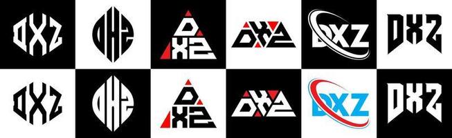 création de logo de lettre dxz en six styles. polygone dxz, cercle, triangle, hexagone, style plat et simple avec logo de lettre de variation de couleur noir et blanc dans un plan de travail. dxz logo minimaliste et classique vecteur