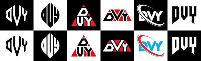 création de logo de lettre dvy en six styles. polygone dvy, cercle, triangle, hexagone, style plat et simple avec logo de lettre de variation de couleur noir et blanc dans un plan de travail. dvy logo minimaliste et classique vecteur