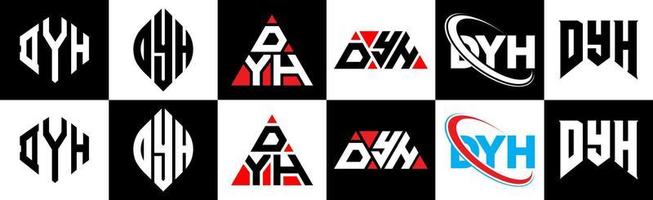 création de logo de lettre dyh en six styles. dyh polygone, cercle, triangle, hexagone, style plat et simple avec logo de lettre de variation de couleur noir et blanc dans un plan de travail. logo minimaliste et classique dyh vecteur