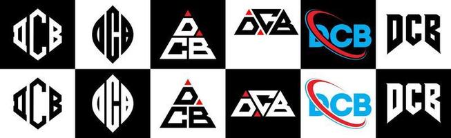 création de logo de lettre dcb en six styles. dcb polygone, cercle, triangle, hexagone, style plat et simple avec logo de lettre de variation de couleur noir et blanc dans un plan de travail. logo dcb minimaliste et classique vecteur