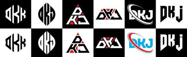 création de logo de lettre dkj en six styles. dkj polygone, cercle, triangle, hexagone, style plat et simple avec logo de lettre de variation de couleur noir et blanc dans un plan de travail. dkj logo minimaliste et classique vecteur