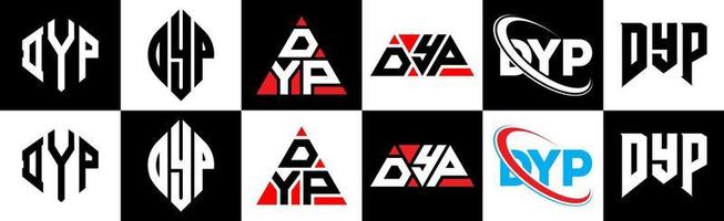 création de logo de lettre dyp en six styles. dyp polygone, cercle, triangle, hexagone, style plat et simple avec logo de lettre de variation de couleur noir et blanc dans un plan de travail. dyp logo minimaliste et classique vecteur