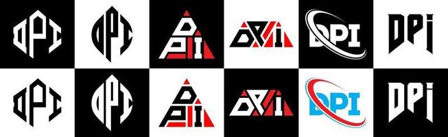 création de logo de lettre dpi en six styles. polygone dpi, cercle, triangle, hexagone, style plat et simple avec logo de lettre de variation de couleur noir et blanc dans un plan de travail. dpi logo minimaliste et classique vecteur