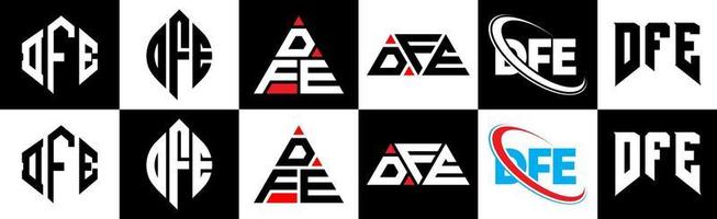 création de logo de lettre dfe en six styles. dfe polygone, cercle, triangle, hexagone, style plat et simple avec logo de lettre de variation de couleur noir et blanc dans un plan de travail. dfe logo minimaliste et classique vecteur