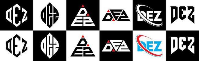 création de logo de lettre dez en six styles. dez polygone, cercle, triangle, hexagone, style plat et simple avec logo de lettre de variation de couleur noir et blanc dans un plan de travail. dez logo minimaliste et classique vecteur