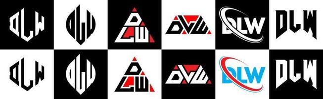 création de logo de lettre dlw en six styles. polygone dlw, cercle, triangle, hexagone, style plat et simple avec logo de lettre de variation de couleur noir et blanc dans un plan de travail. dlw logo minimaliste et classique vecteur