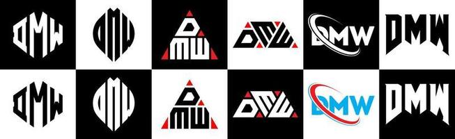 création de logo de lettre dmw en six styles. polygone dmw, cercle, triangle, hexagone, style plat et simple avec logo de lettre de variation de couleur noir et blanc dans un plan de travail. logo minimaliste et classique dmw vecteur