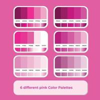 6 palettes de couleurs roses différentes avec dégradé de couleur vecteur