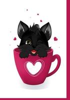 carte postale de voeux avec coeurs roses et petit chat, chaton noir, assis dans la tasse. vecteur