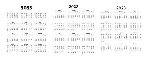 ensemble de trois calendriers pour 2023 isolé sur fond blanc. du dimanche au lundi, modèle d'entreprise. illustration vectorielle vecteur