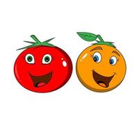 ensemble de visage de fruits souriant mignon heureux. collection d'icônes d'illustration de personnage de dessin animé kawaii plat vectoriel. mignon, orange, pomme, tomate, caractère, emoji, ensemble, concept vecteur