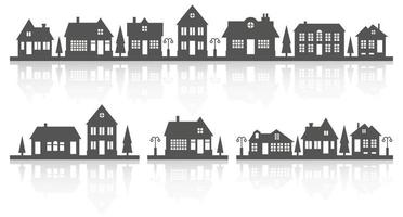 silhouette de maisons sur l'horizon. paysage de quartier de banlieue. maisons de campagne avec réflexion. illustration vectorielle de glyphe. vecteur