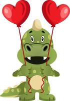 dragon vert tient des ballons coeur, illustration, vecteur sur fond blanc.