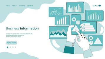 informations commerciales.un homme d'affaires utilise son smartphone pour étudier l'infographie.le concept de contrôle sur les affaires et l'utilisation des technologies modernes.le modèle de la page de destination. vecteur