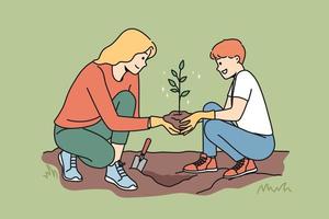 attentionné jeune mère et fils plantant un arbre ensemble. une mère et un enfant souriants mettent des semis dans des soins au sol sur la nature et l'environnement. illustration vectorielle. vecteur