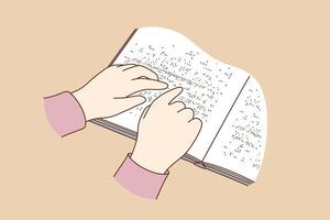 personnes aveugles lisant le concept de livres. mains humaines lisant l'histoire du livre sur papier écrit en braille, gros plan sur illustration vectorielle fond beige vecteur