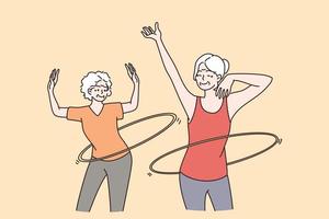 concept de mode de vie actif des personnes âgées. deux amies de femmes d'âge mûr souriantes et heureuses en bonne santé faisant de l'entraînement sportif et roulant des cerceaux sur la taille illustration vectorielle vecteur