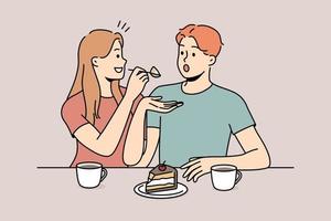 couple heureux mangeant un gâteau ensemble. femme souriante nourrir homme délicieux dessert boire du thé. illustration vectorielle. vecteur