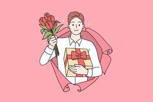 concept de célébration de la saint valentin. jeune souriant bel homme personnage de dessin animé debout à la recherche de papier endommagé rose tenant des fleurs et une boîte-cadeau dans les mains illustration vectorielle vecteur