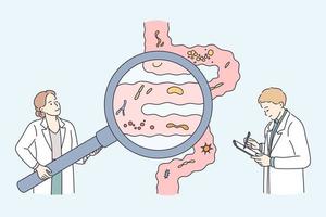 concept de soins de santé et de nutrition saine. jeunes scientifiques étudiant le tractus gastro-intestinal et le système digestif faisant l'analyse des micro-organismes intestinaux illustration vectorielle vecteur